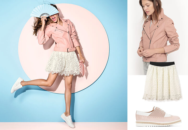 Nouvelle collection La Redoute : perfecto rose, jupe dentelle, derbies